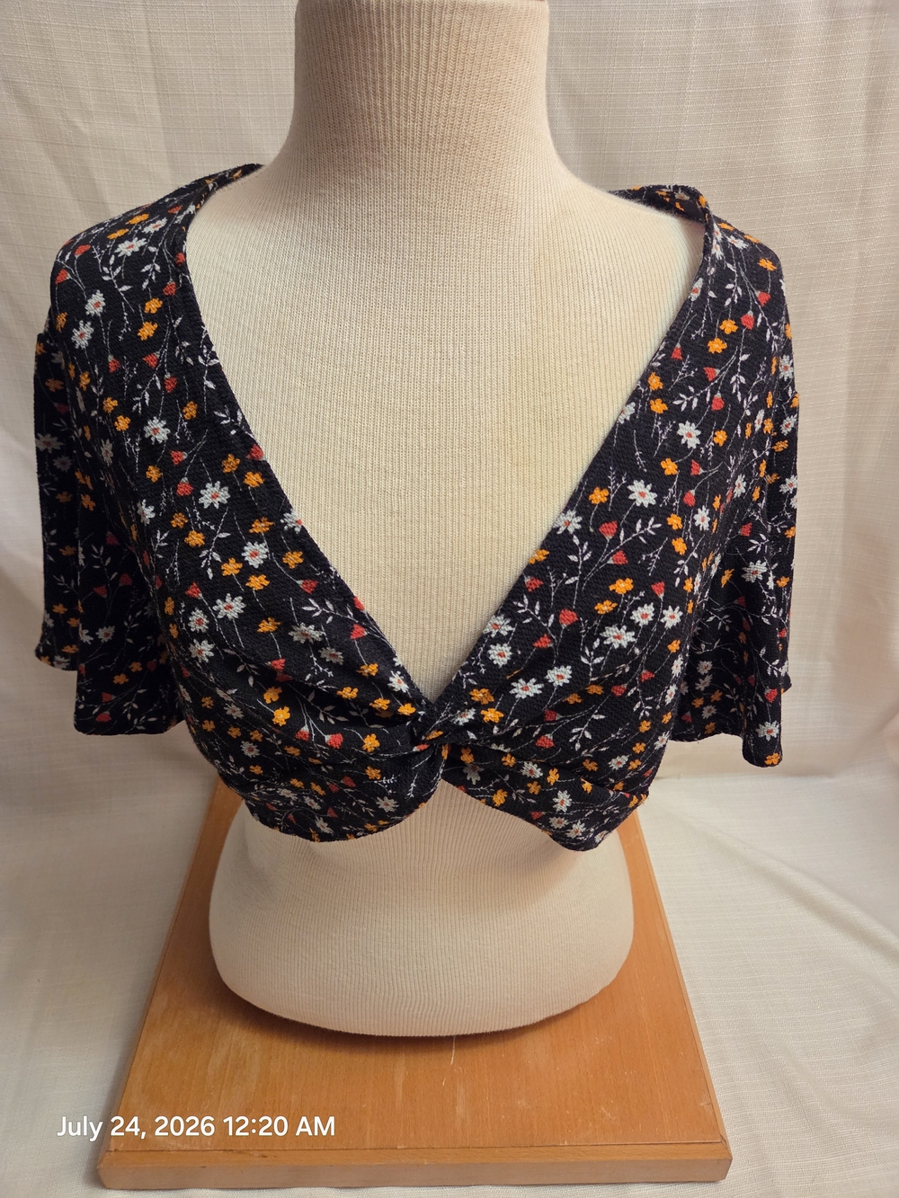 H&M Black Floral Twist-Front Crop Top with Yellow & White Accents